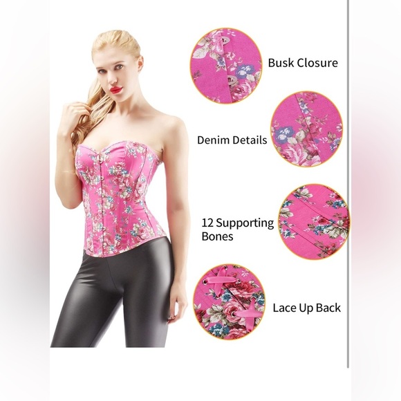 Vintage Floral Denim Overbust Corset Bustier with matching G-String - Picture 6 of 13